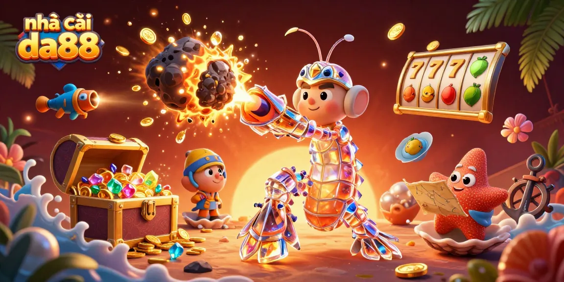 Engage with nhà cái da88 as a vibrant 3D samurai mantis shrimp bursts through treasure-laden asteroids.