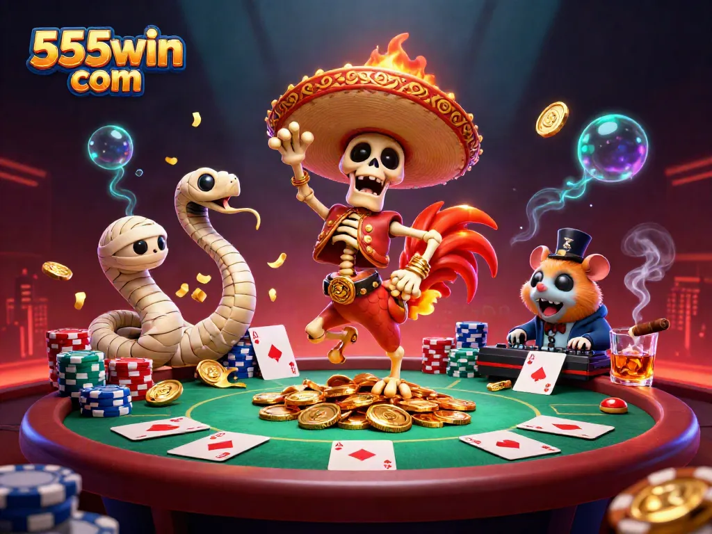Celebrate wins at 555win com with vibrant 3D characters amidst poker elements and glowing effects.