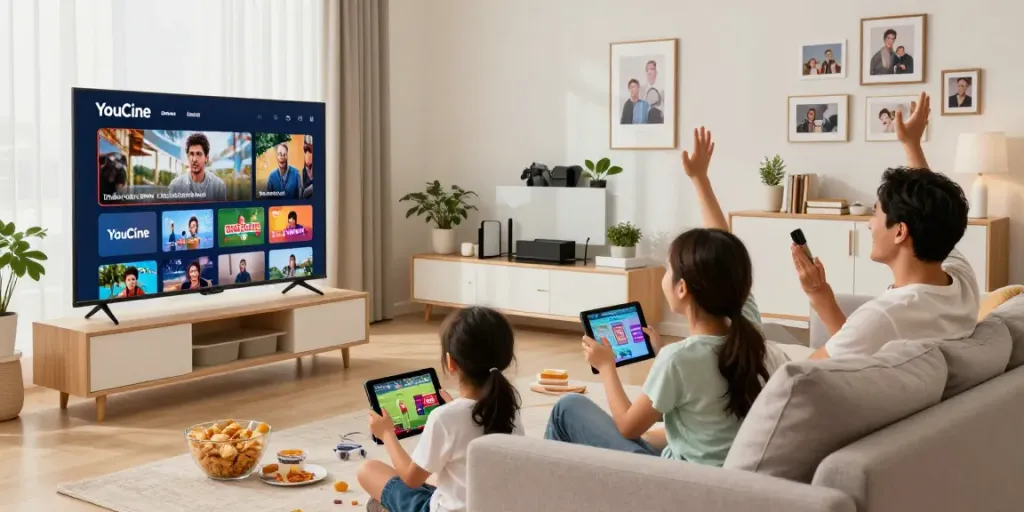 Família assistindo Youcine TV Box na sala de estar aconchegante com sorrisos.