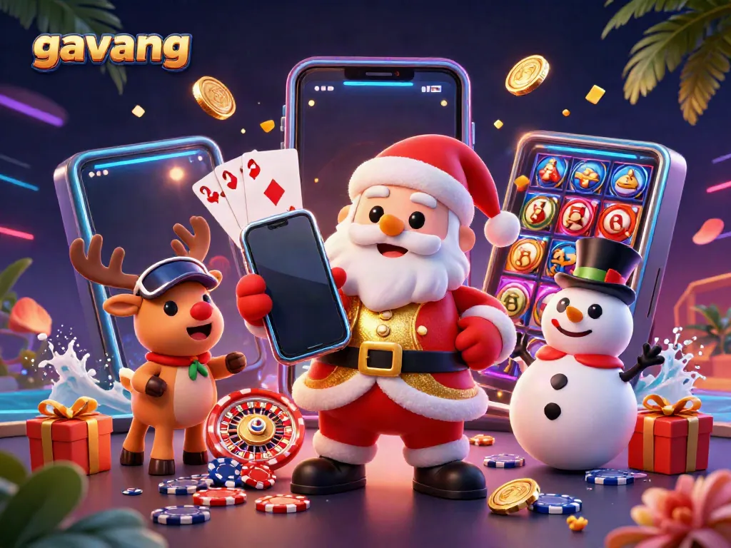 Experience the excitement of gavang with cartoon Santa and friends in a vibrant casino setting.