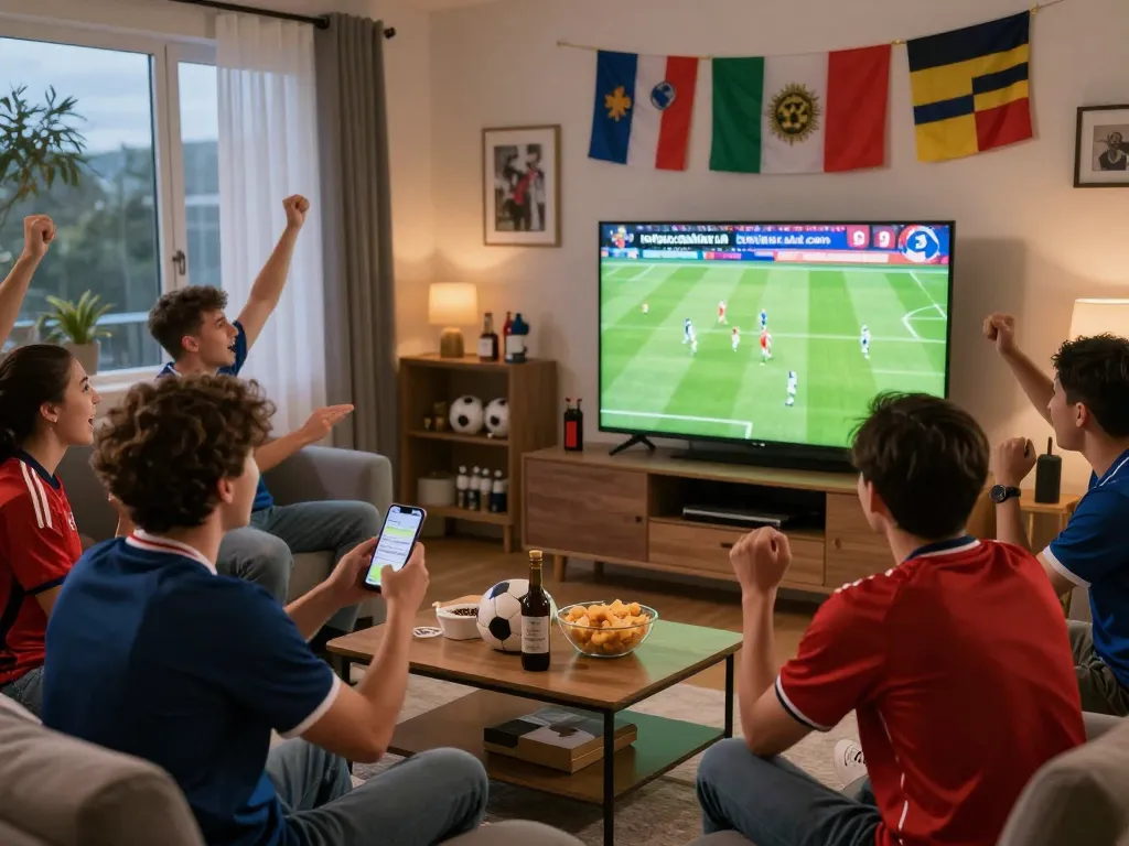 Fans joyfully watching a football match from https://cakhiatv.uk.com in a cozy living room, filled with snacks and team memorabilia.