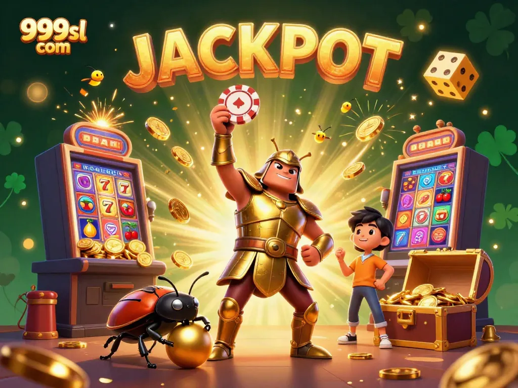 Celebrate wins with 999sl com as cartoon beetles triumphantly lift coins and jackpot symbols.