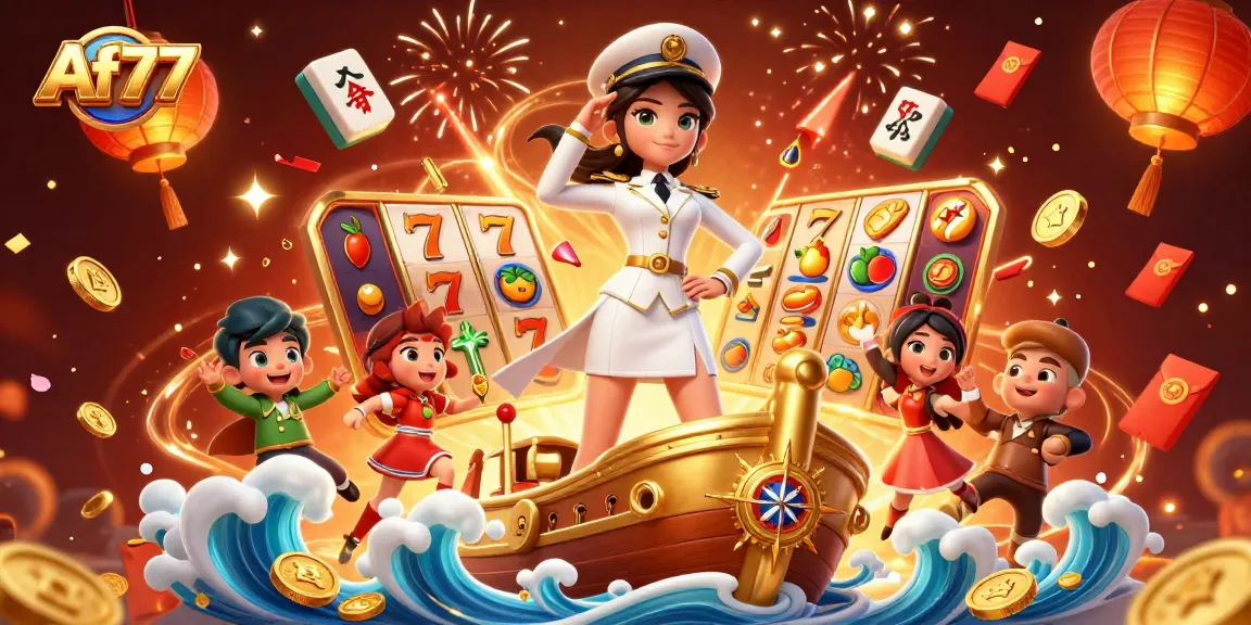 Win big on Af77 with vibrant slot reels and golden 3D elements in a dynamic casino illustration.