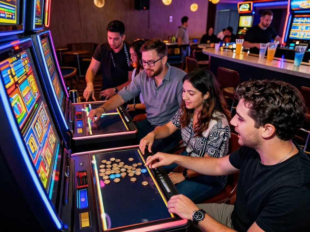 Jogadores se divertindo em uma máquina Slot, em um cassino vibrante.