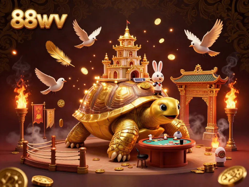 Experience the excitement of 88vvv with a golden tortoise casino scene filled with dynamic action and colorful elements.