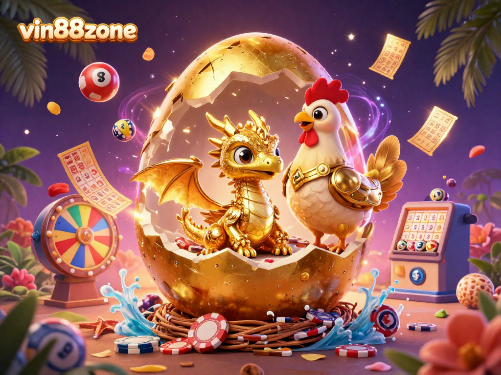 Experience the excitement of vin88zone with a 3D golden dragon and casino elements.