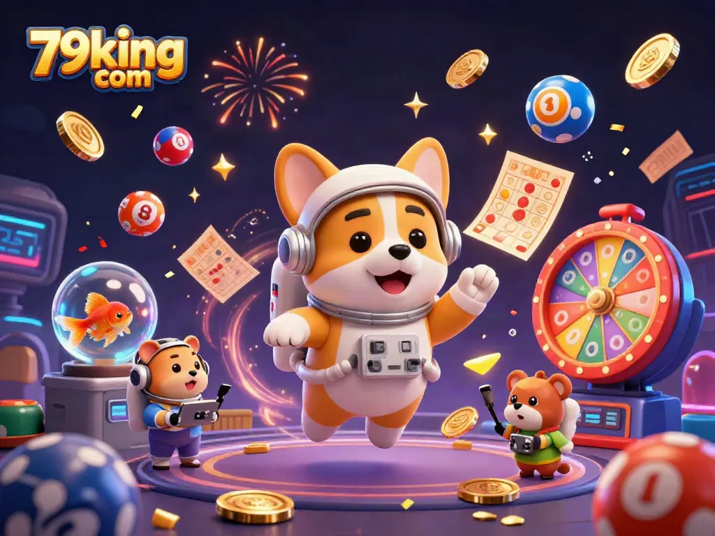 Experience fun winning strategies at 79king com's colorful cosmic casino with floating characters and gaming elements.