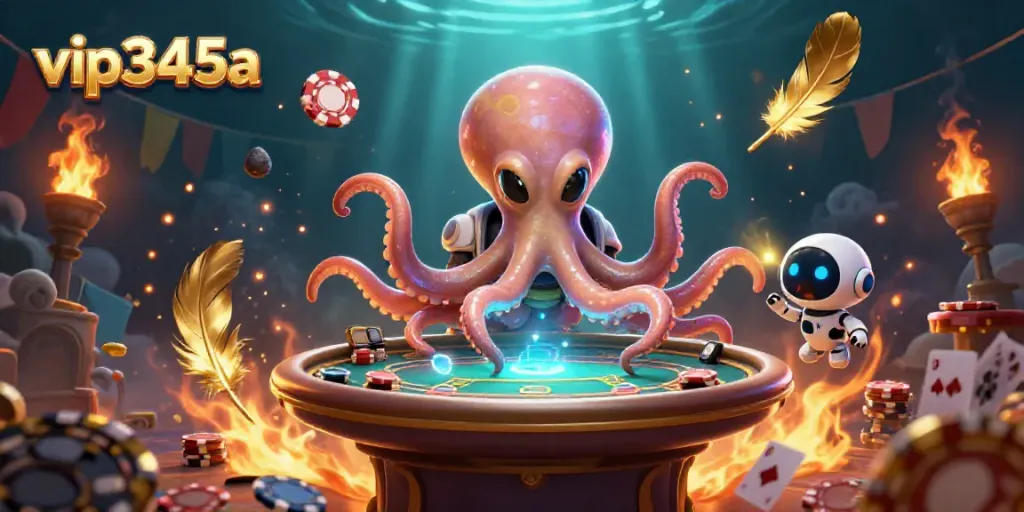 Engage with excitement at vip345a, where a 3D alien octopus runs a virtual poker game amid vibrant cosmic elements.