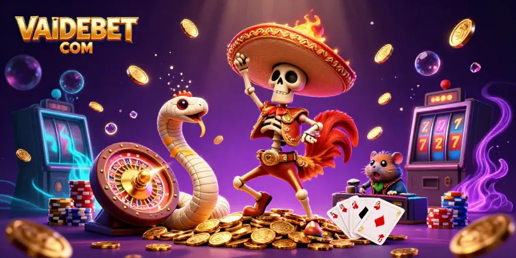 Experience the thrill of gaming with VAIDEBET COM, featuring a lively scene of gaming characters and casino elements.