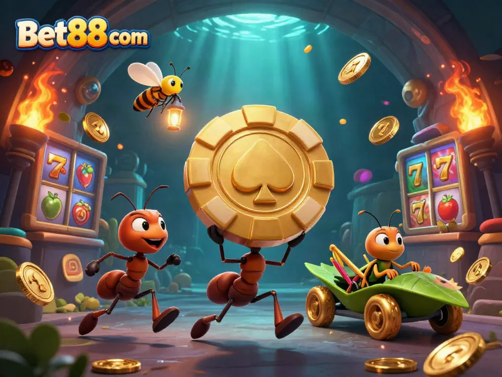 Experience the excitement of Bet88 com as cartoon ants carry a giant poker chip amidst vibrant casino elements.