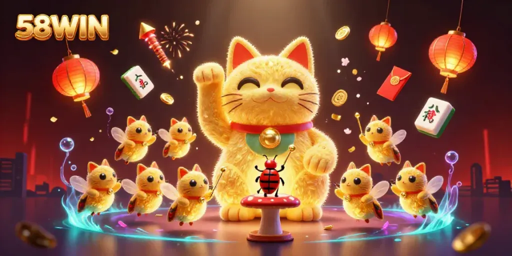 Experience the charm of 58WIN with dynamic casino symbols brought to life in a vibrant 3D illustration.