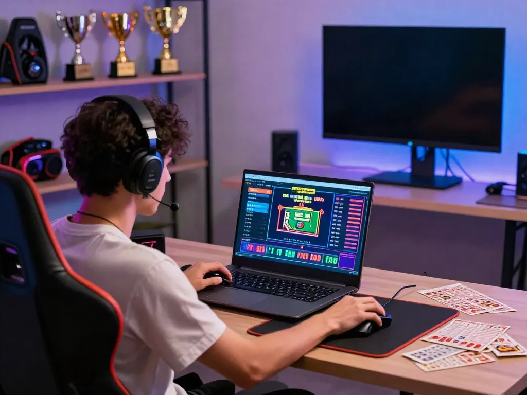 Jogador concentrado em Javatoto, imerso em um jogo da loteria online com equipamentos de jogo moderno.