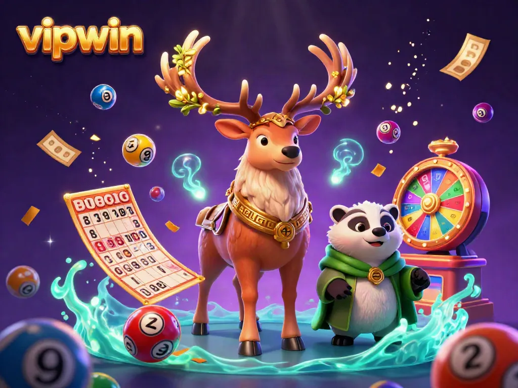 Engage with vipwin in this vibrant, magical scene of casino elements and characters.