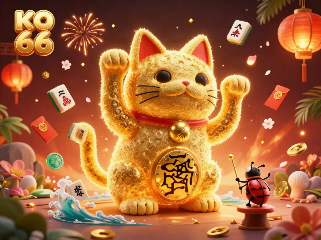 Experience the thrill of KO 66 as a lucky cat formed by fireflies interacts with casino symbols.