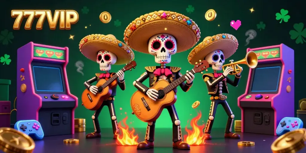 Experience the excitement of 777VIP with a vibrant scene of a mariachi band amidst colorful gaming elements.