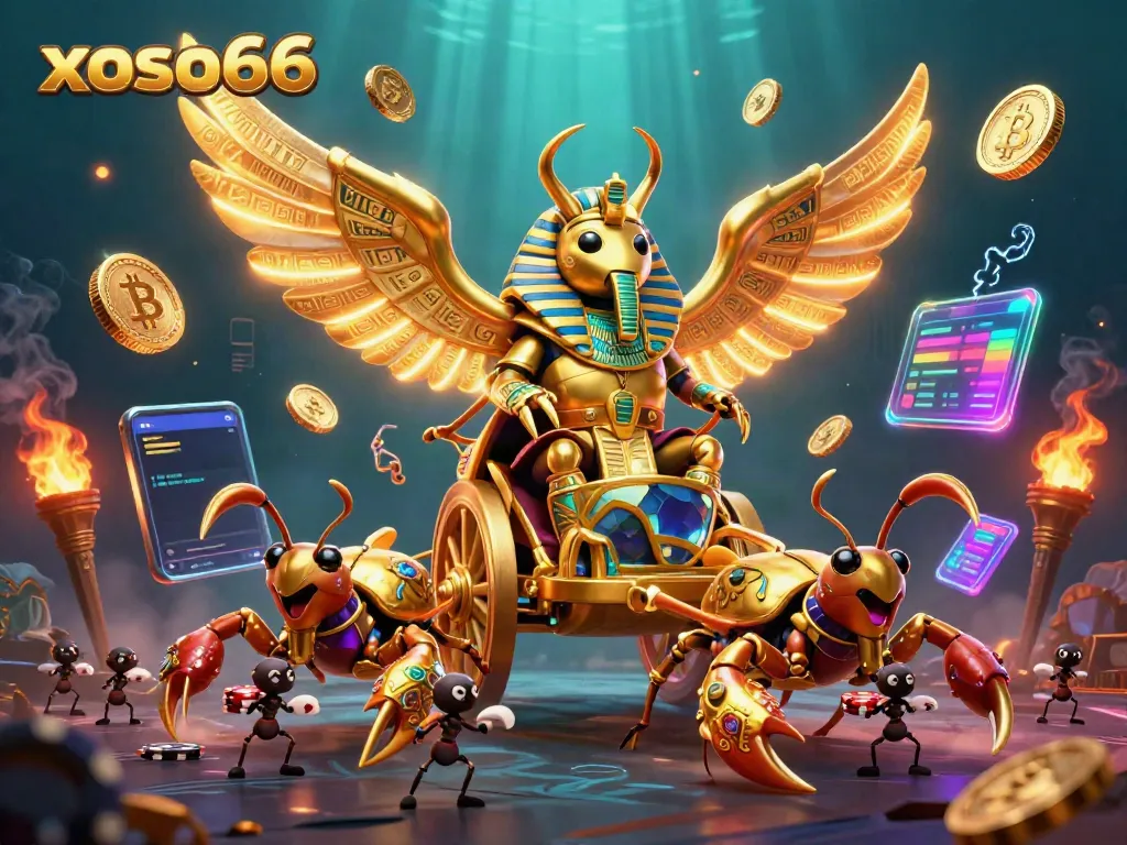 Experience thrilling wins at xoso66 with a vibrant 3D casino scene complete with golden characters and crypto coins.