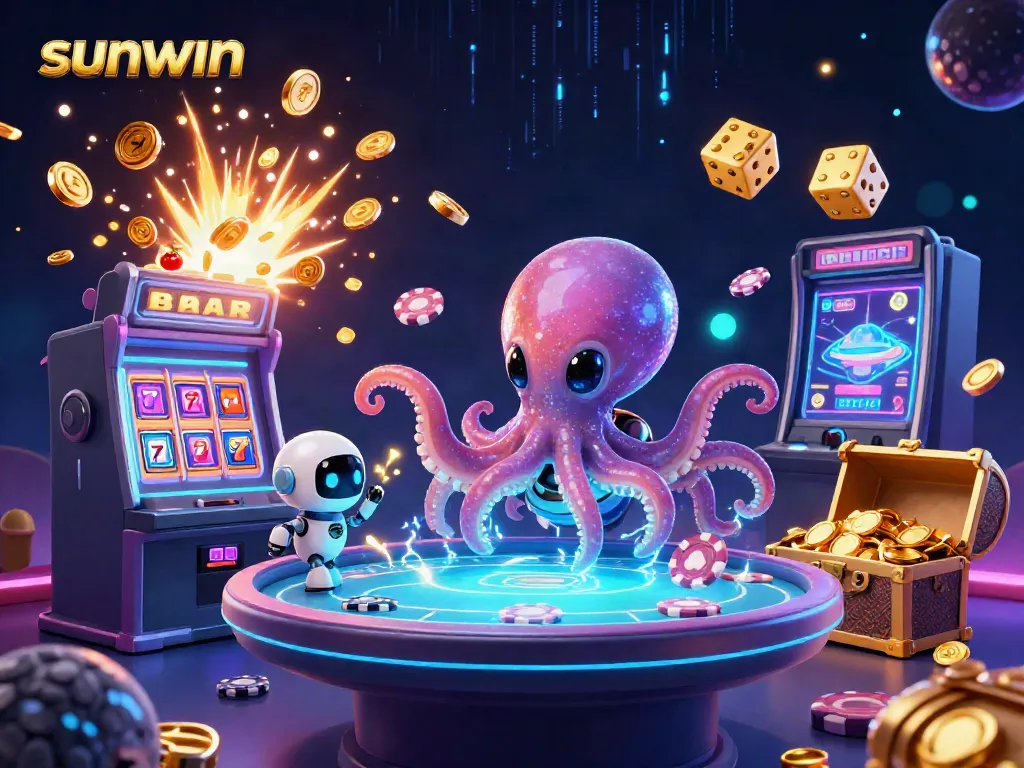 Experience thrilling gameplay at Sunwin with an alien octopus dealer creating excitement at a holographic poker table.