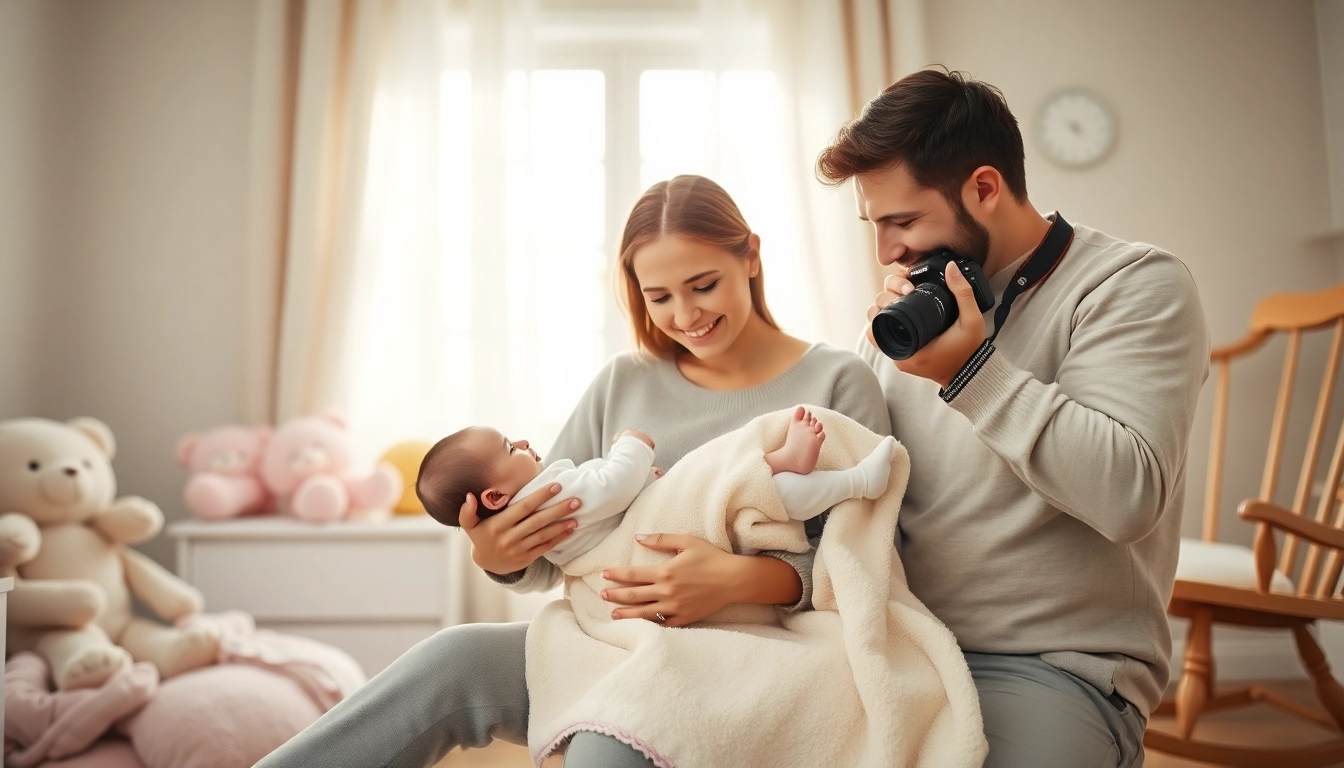 Family with new bornbaby cherishing a moment in a bright nursery with soft toys.