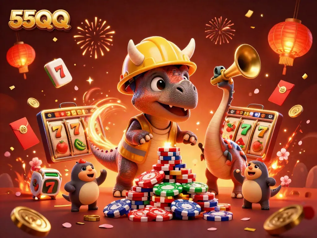 Celebrate gaming success with 55QQ in a vibrant 3D casino illustration filled with excitement.
