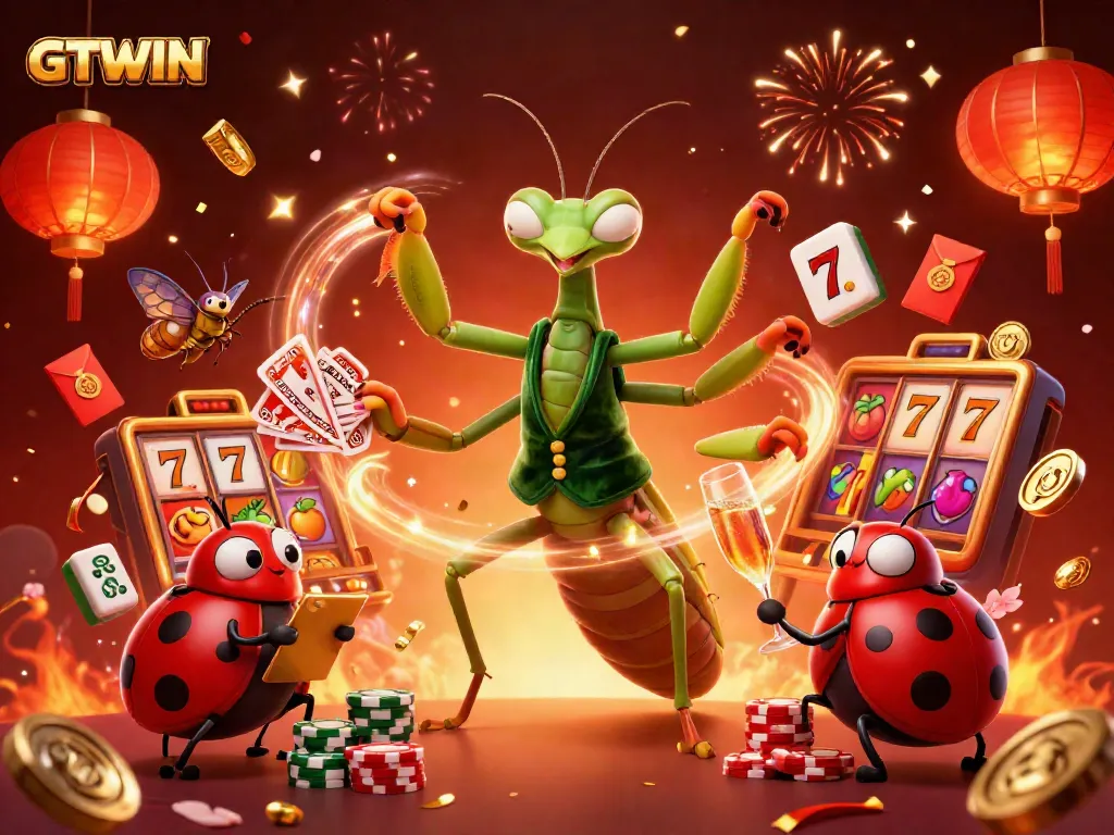 GTWIN showcases a dynamic casino scene with a giant mantis card sharp and vibrant winning elements.