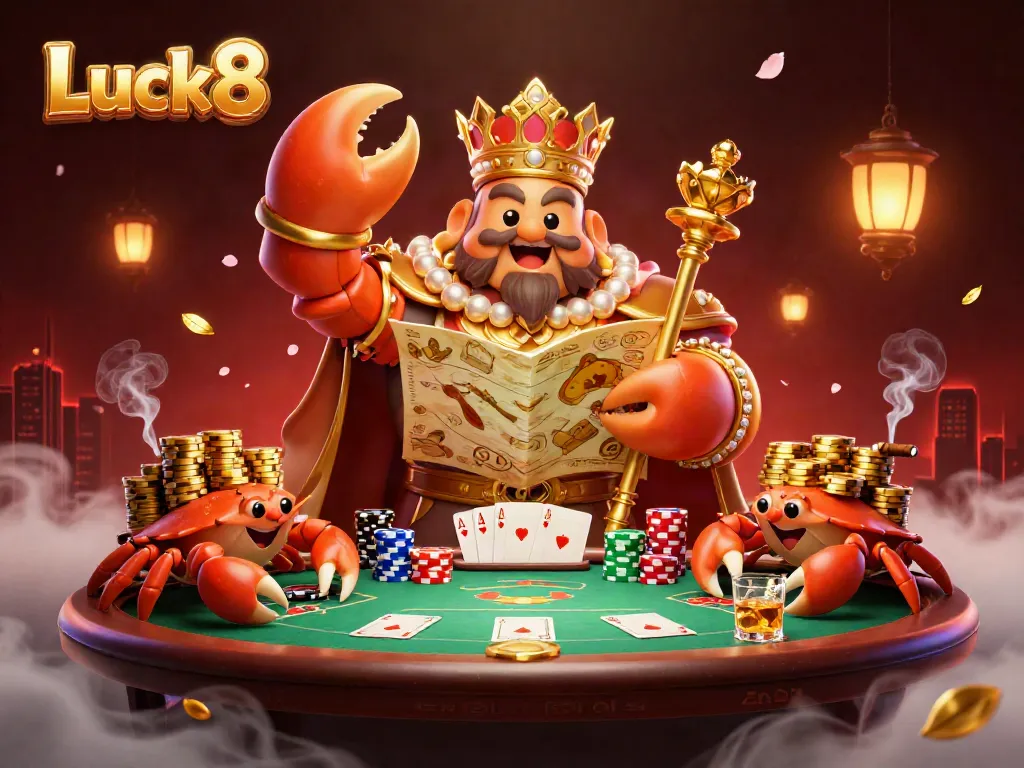 Engage with Luck8's vibrant online casino world featuring dynamic poker scenes and a golden crab emperor.