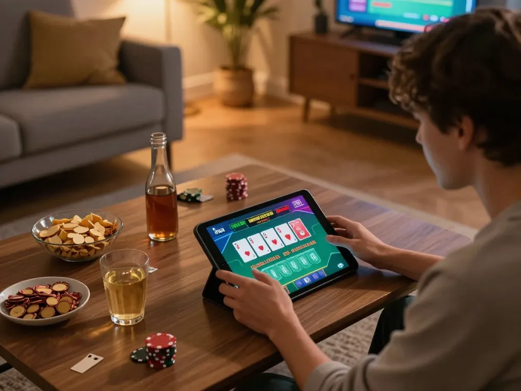 Player enjoying blackjack on Jogoluck from the comfort of home, showcasing online gaming experience