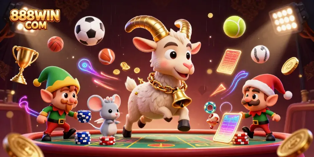 Bet on exciting scenarios at 888WIN COM featuring characters like Krampus and elf gremlins in a vibrant casino.