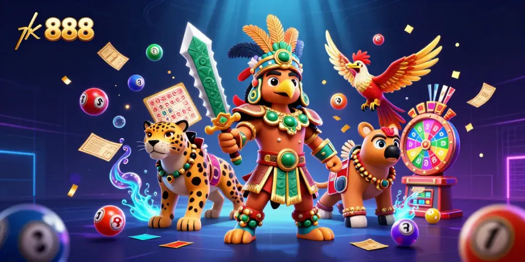 Engaging scene depicting tk 888 with vibrant lottery elements, Aztec warriors, and dramatic 3D visuals.