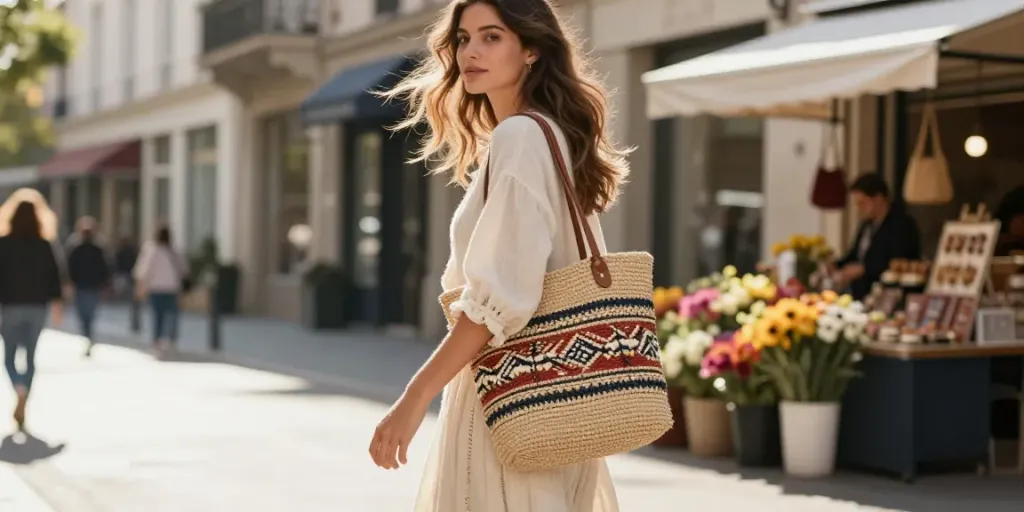 Stylish woman with a sac en raphia enjoying a sunny urban stroll.