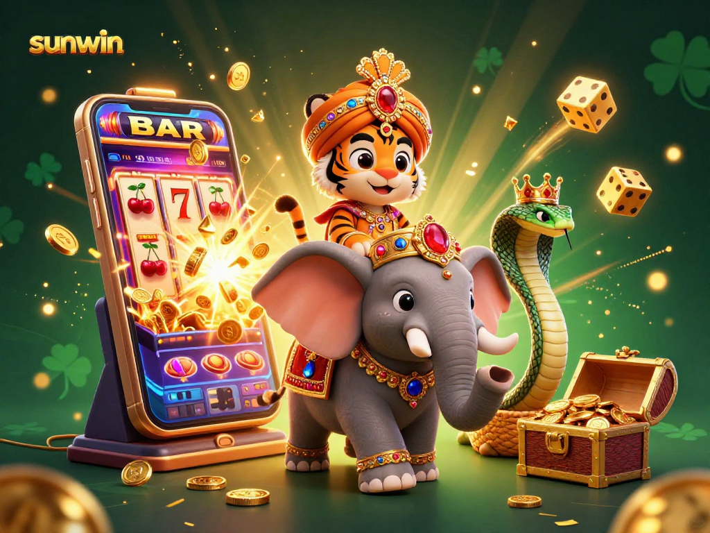 Win big with sunwin in an exciting 3D scene featuring a tiger maharaja and vibrant casino elements.