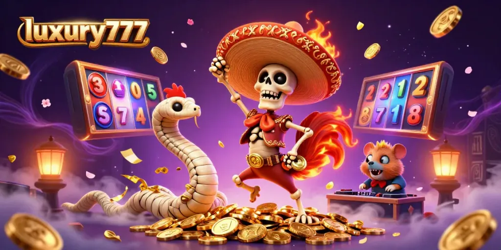 Engage with luxury777 as a mariachi rooster dances on coins amidst vibrant gambling elements.