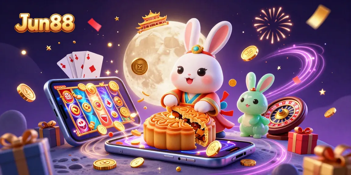 Join the thrilling world of Jun88 with iconic characters celebrating casino fun amidst dazzling visuals.