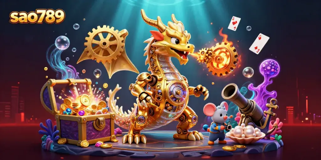 Experience high-stakes gaming at sao789, showcasing a lavish dragon and treasure-filled casino scene.