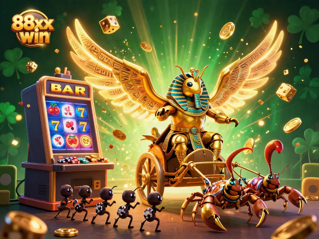 Experience the excitement of 88xx win with a vibrant casino scene featuring a scarab beetle and jackpot explosions.