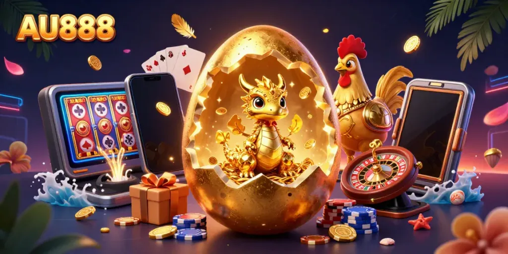 Experience the excitement of AU888 with a golden dragon, poker chips, and vibrant casino elements.