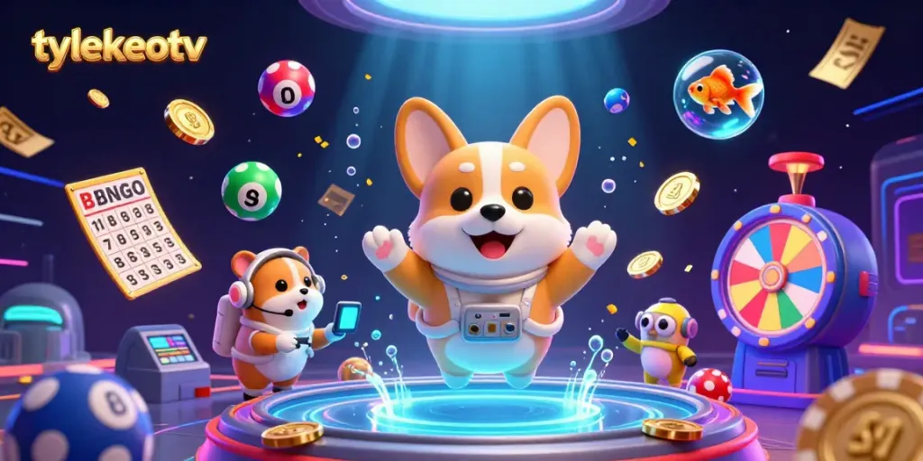Experience excitement with tylekeotv in this vibrant cosmic casino scene featuring playful characters and dynamic gambling elements.