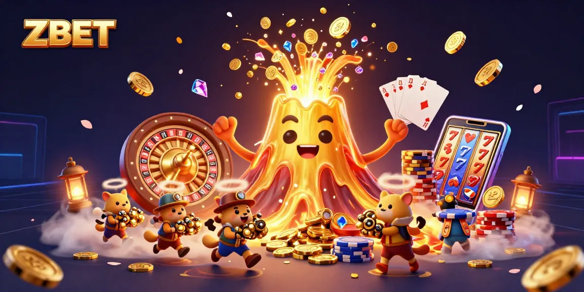 ZBET showcases an exciting casino scene with a golden volcano, treasure-fleeing explorers, and vibrant game elements.