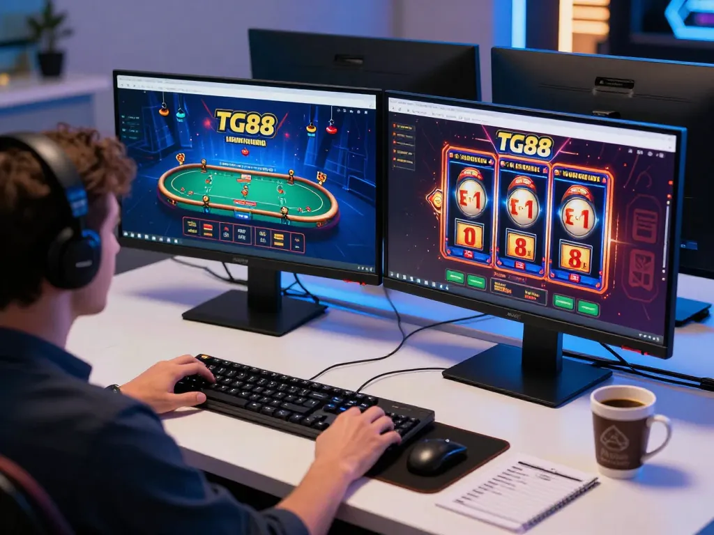 TG88 player engaging in live poker gameplay on a modern desktop setup, showcasing exciting online gambling experience.