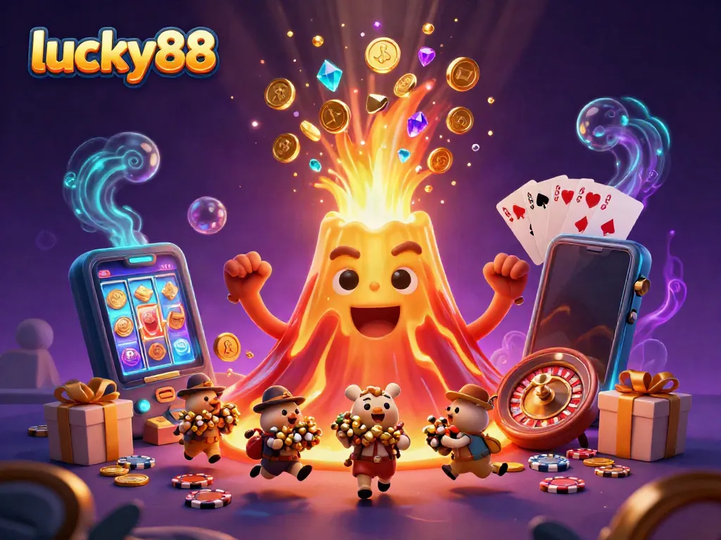 Engage in the winning excitement of lucky88 with treasures overflowing from a golden volcano and vibrant casino elements.