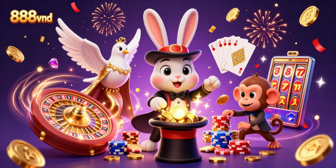 Engage with 888vnd in this vibrant 3D casino scene featuring magical elements and dynamic gaming symbols.