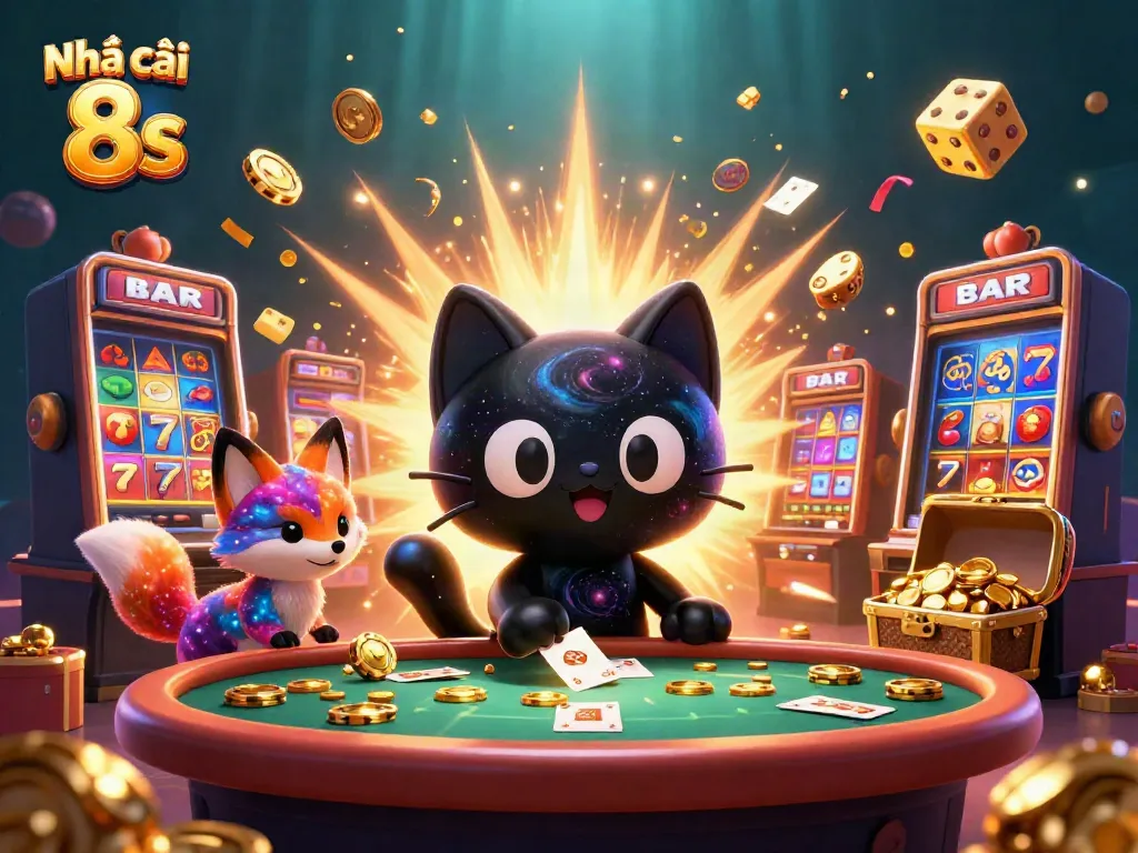 Experience the excitement at Nhà cái 8s with a cosmic casino scene bursting with action and golden rewards.