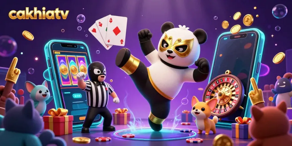 Cakhiatv highlights a lively panda wrestler performing a dynamic flying kick amidst casino game elements and energetic animal spectators.