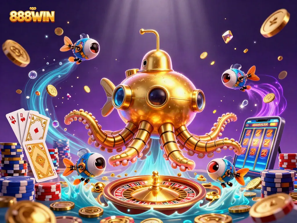 Engage with 888WIN's thrilling casino atmosphere featuring gold coins, vibrant games, and luck.