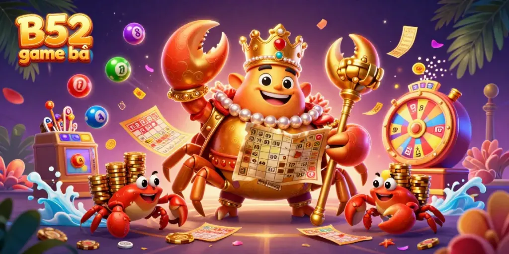 B52 game bài showcases a vibrant scene with a golden crab emperor amidst dynamic lottery elements, signifying the excitement of gaming.
