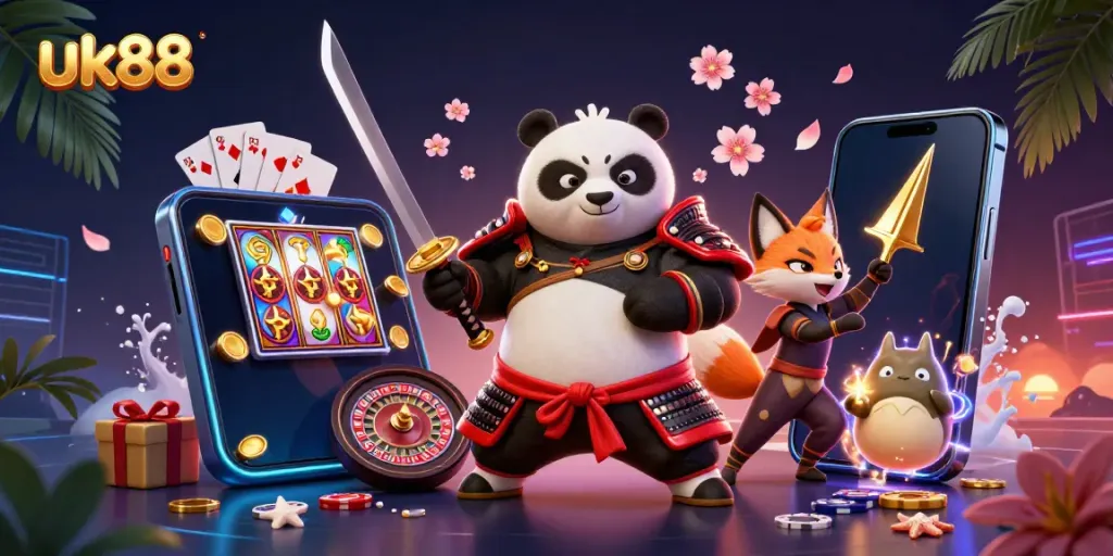 Experience excitement with uk88's dynamic casino scene featuring samurai panda and ninja fox.