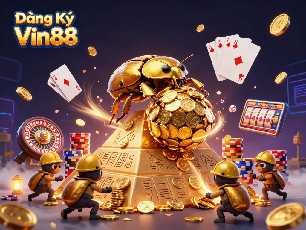 Play lucky slots and win big with Đăng Ký Vin88 featuring colorful coins and casino elements.