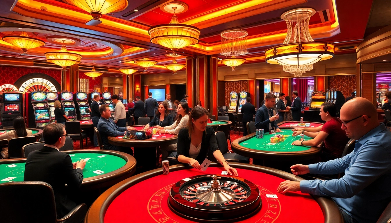 Engaged gamblers enjoying diverse games at Trang chủ win88 casino with vibrant atmosphere.