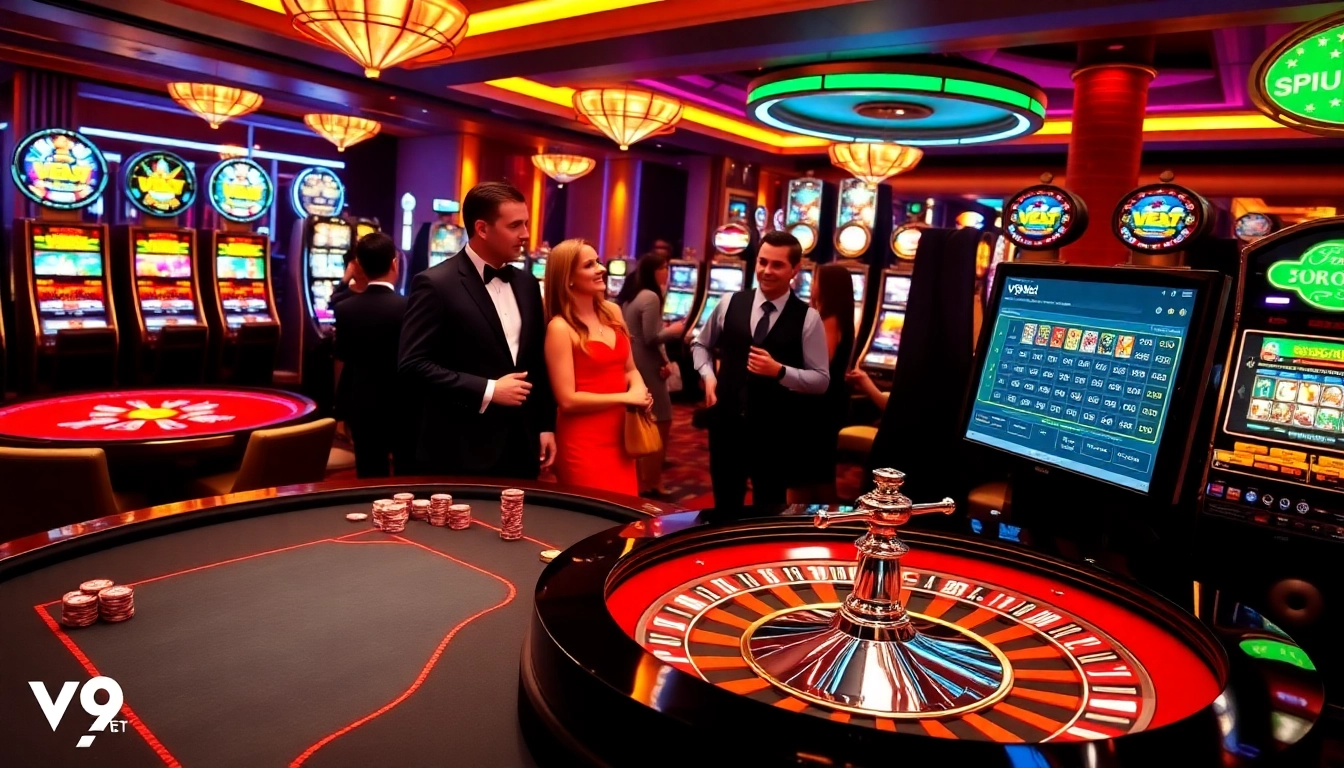 Experience the excitement of v9 bet with a vibrant casino atmosphere featuring poker and roulette tables.