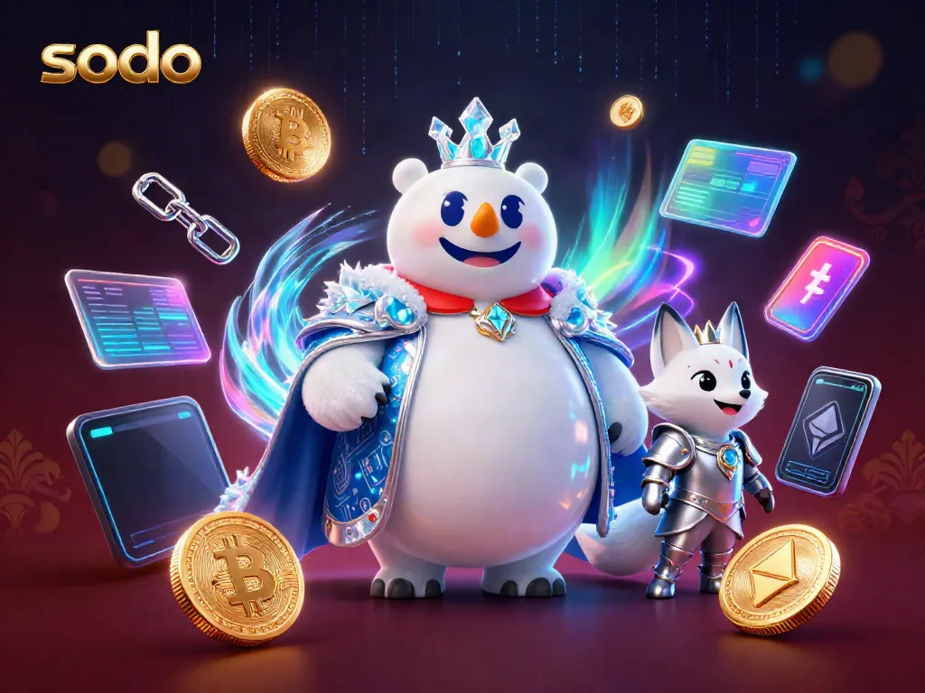 Engage in thrilling gambling with sodo, as a 3D ice king polar bear and snow fox showcase cryptocurrency gaming elements.