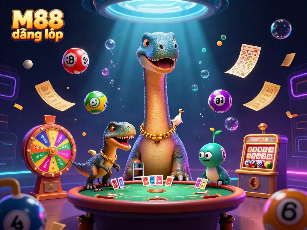 M88 đăng nhập offers a lively casino atmosphere with a giant brontosaurus amidst lottery balls and game elements.